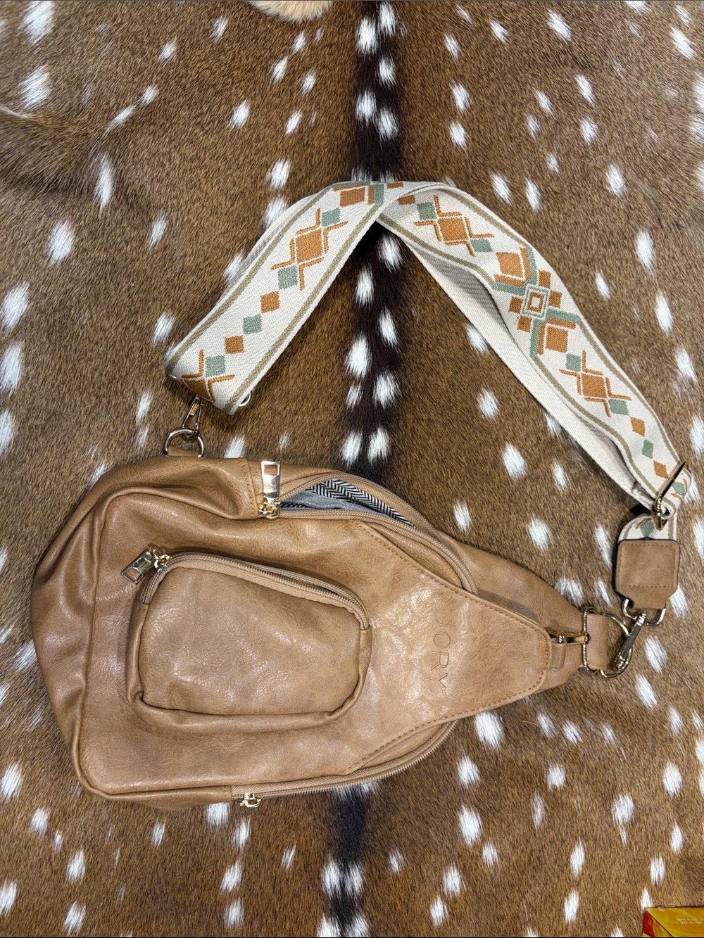 Tan Leather Crossbody Sling Bag with Decorative Woven Strap